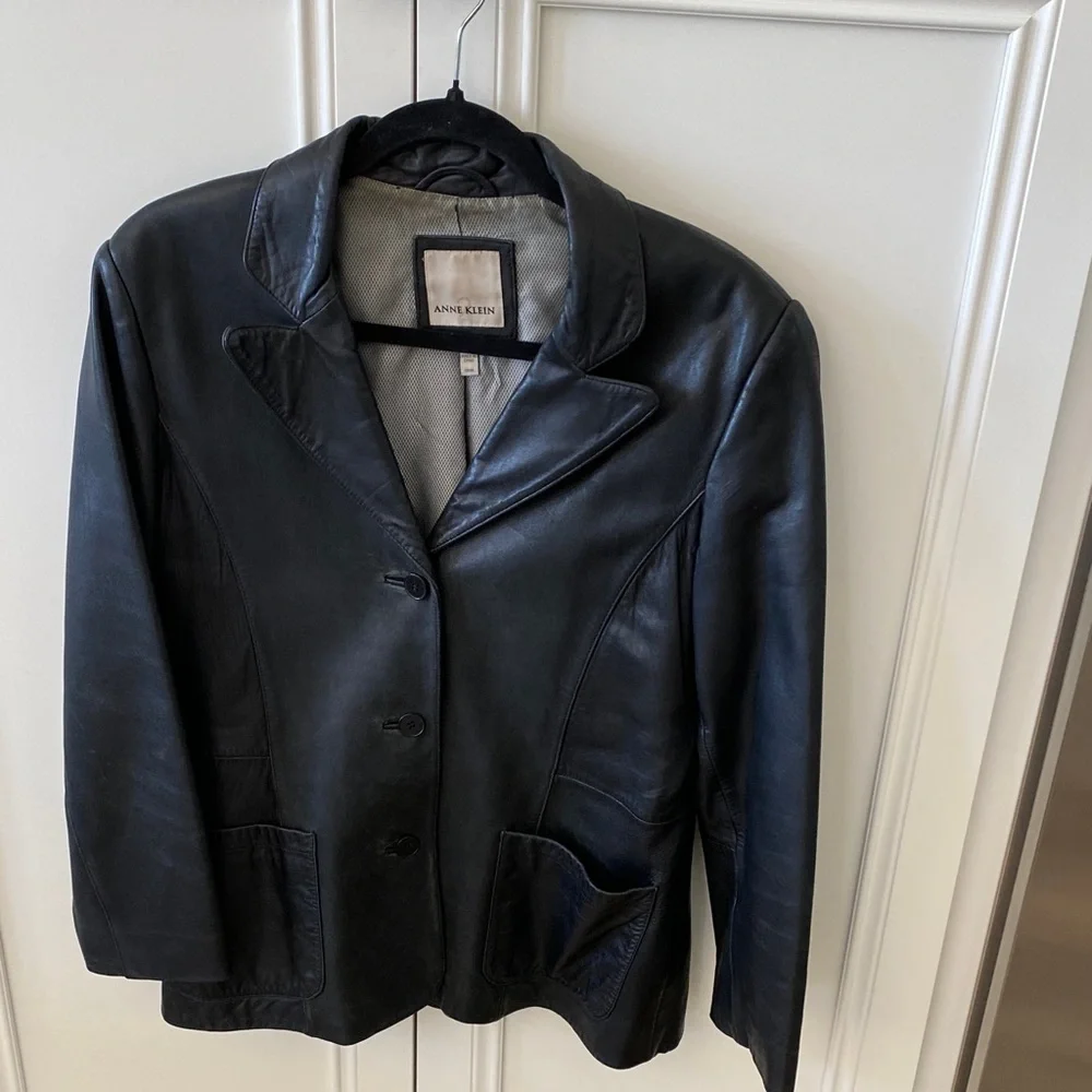Y2K Lamb Skin Black Leather Blazer Style Jacket by Anne Klein size M